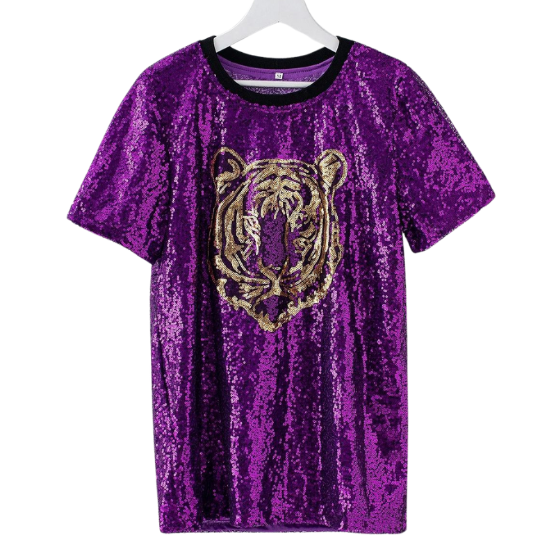 T-Shirt Paillette Violet Tigre Strass Paillettes – Strass-Paillettes