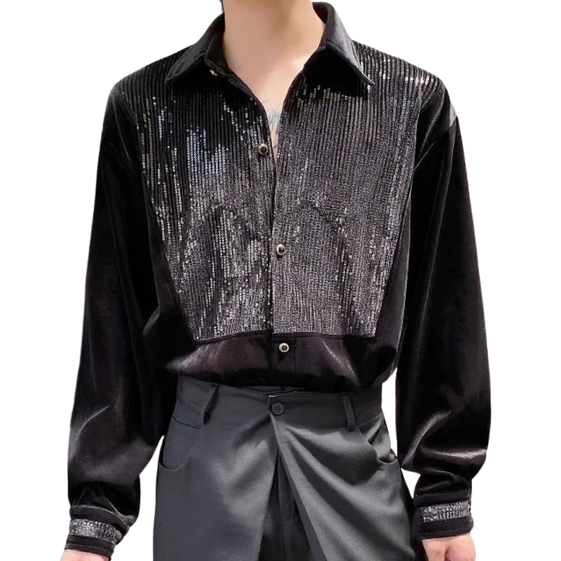 Chemise en Velours Noir Homme Pailleté
