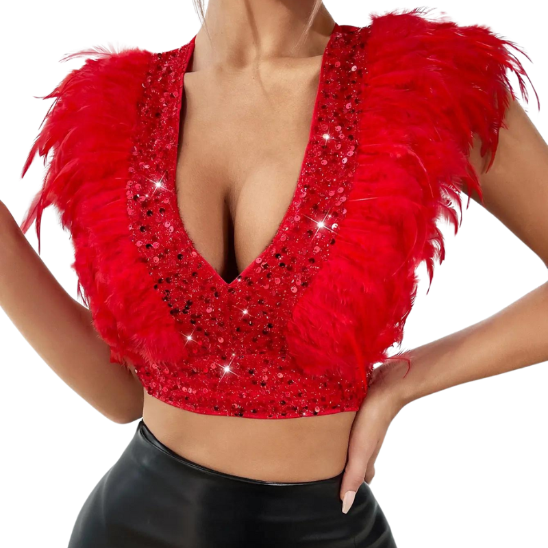 Top Crop Rouge Paillette Plumes Sans Manches