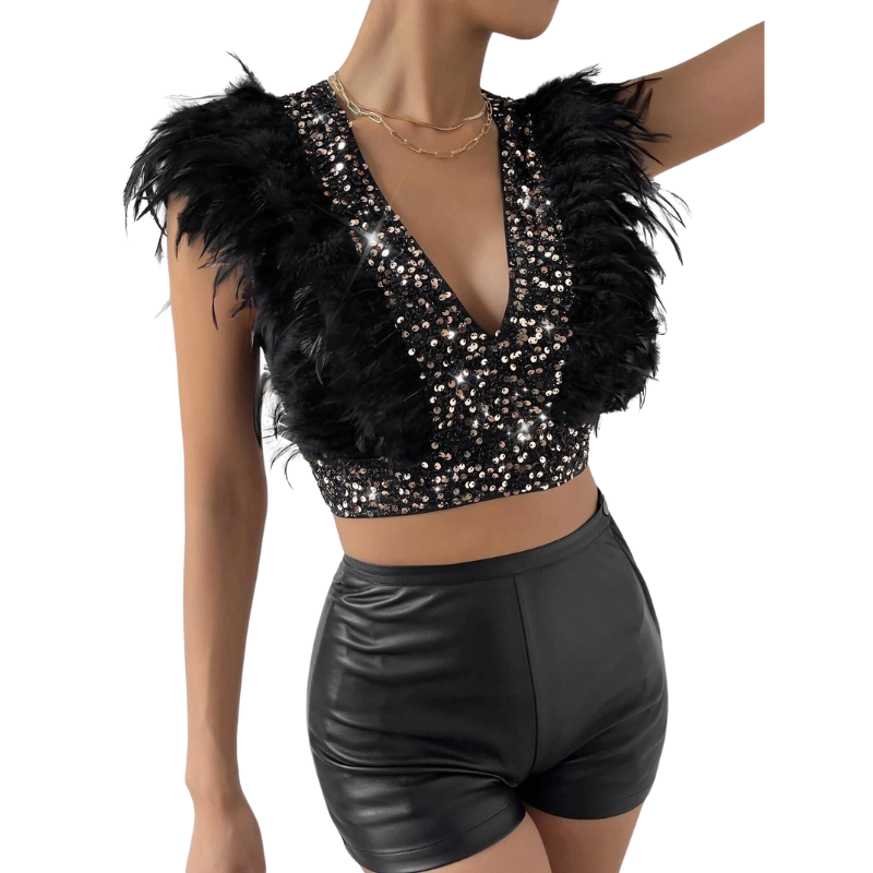 Top Crop Noir Argenté Paillette Plumes Sans Manches