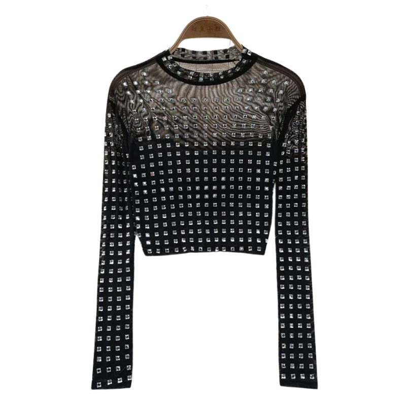 Top Strass Manches Longues Transparentes Noir