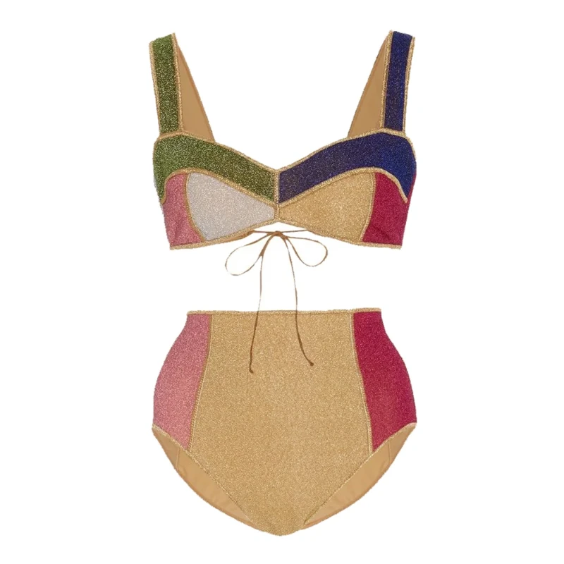 Maillot De Bain 2 Pièces Femme 2024 - Bikini Brillant Tissu Froissé (Couleur Unie)