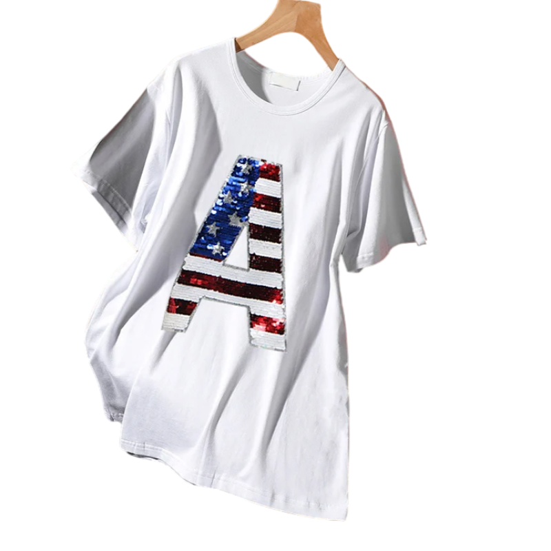 T-Shirt Blanc A Paillette Drapeau Américain