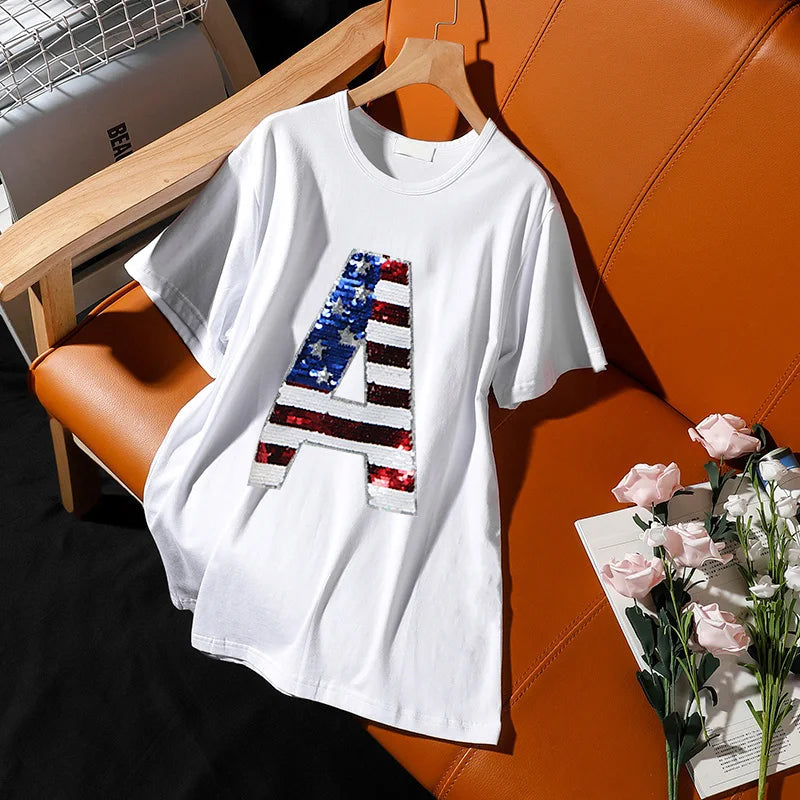 T-Shirt Blanc A Paillette Drapeau Américain