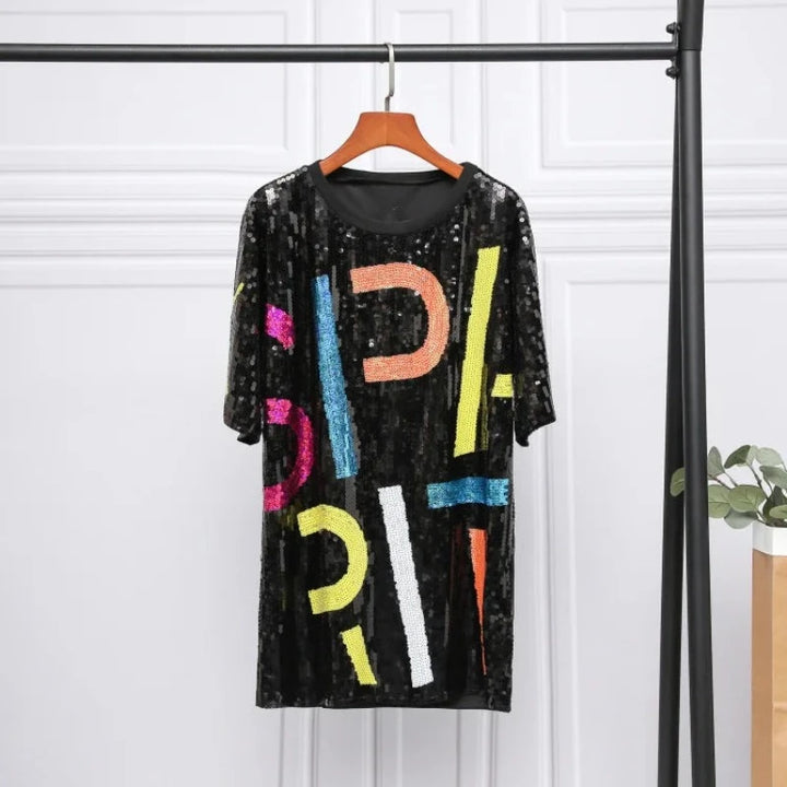 T-Shirt Paillette Avec Lettres Noir