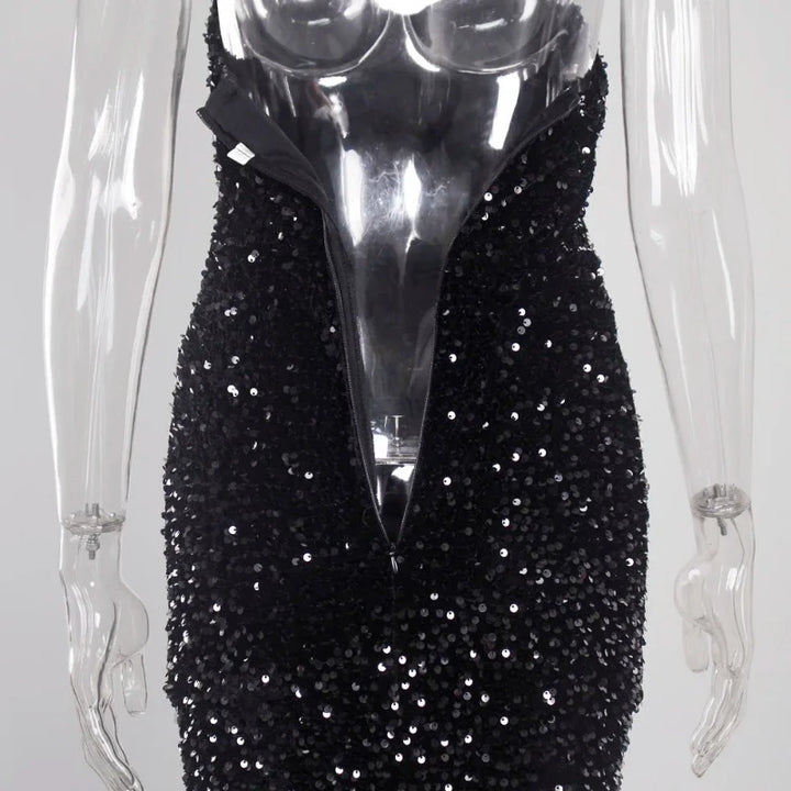 Robe Noir Longue Fendue Bustier à Paillettes