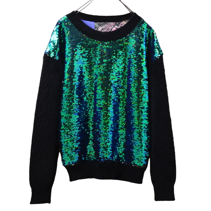 Pull Paillette Laine Noir et Vert Femme