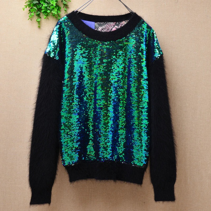 Pull Paillette Laine Noir et Vert Femme