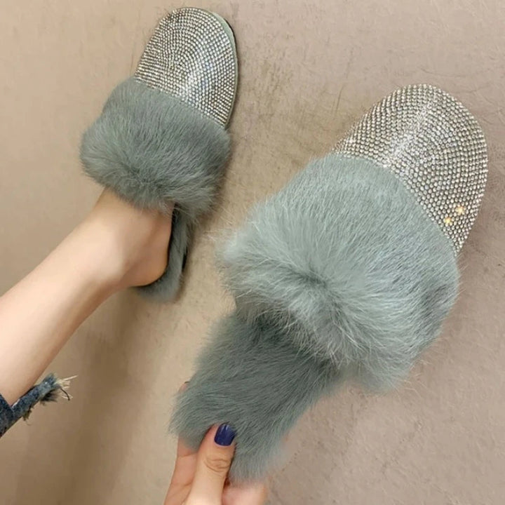 Pantoufle Strass Fourrure bleu clair