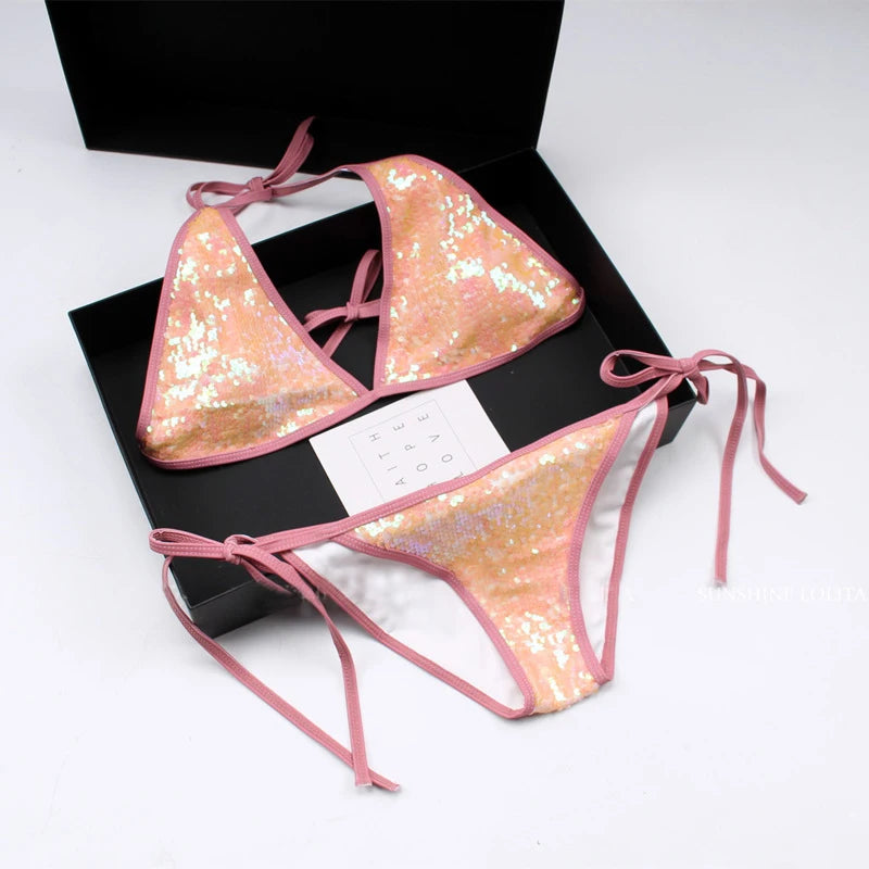 Maillot de Bain Pailleté Bikini Rose 