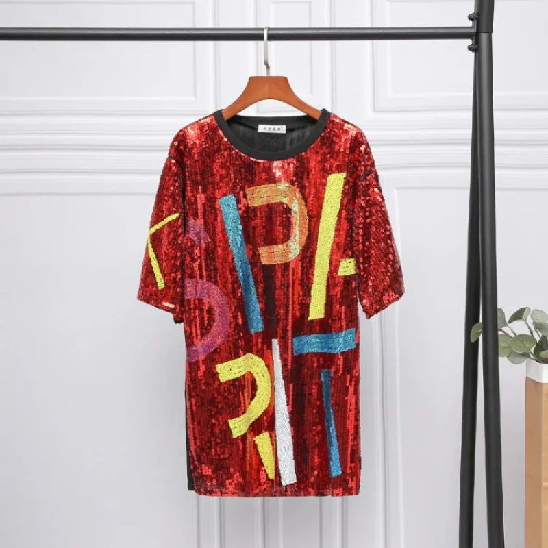 T-Shirt Paillette Avec Lettres Rouge