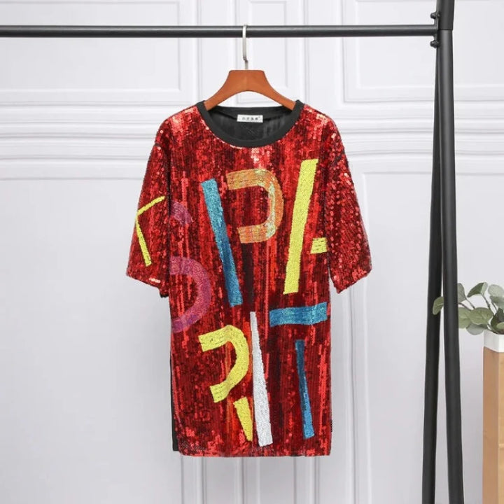 T-Shirt Paillette Avec Lettres Rouge