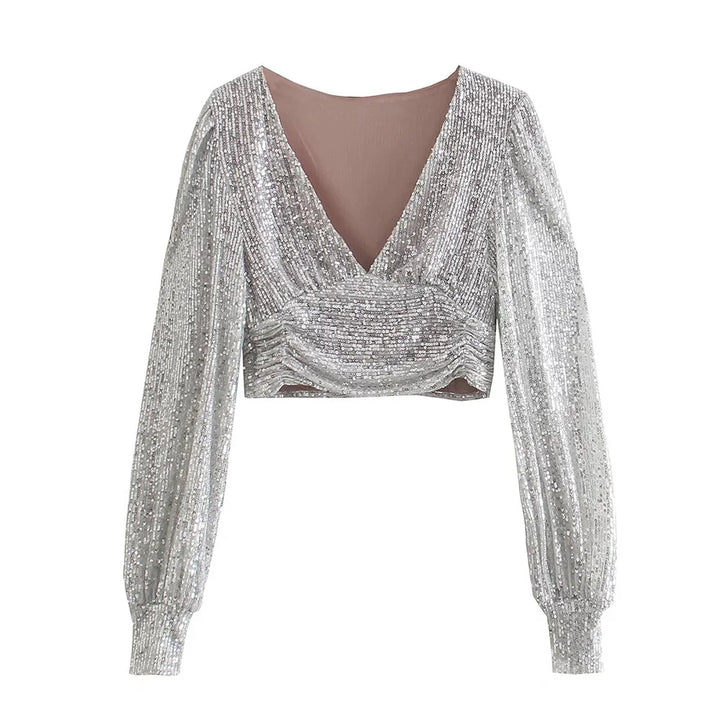 Top Paillettes Argenté Manches Longues