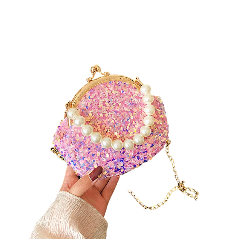 Petit Sac Paillettes Perles Fermoir Porte Monnaie Rose