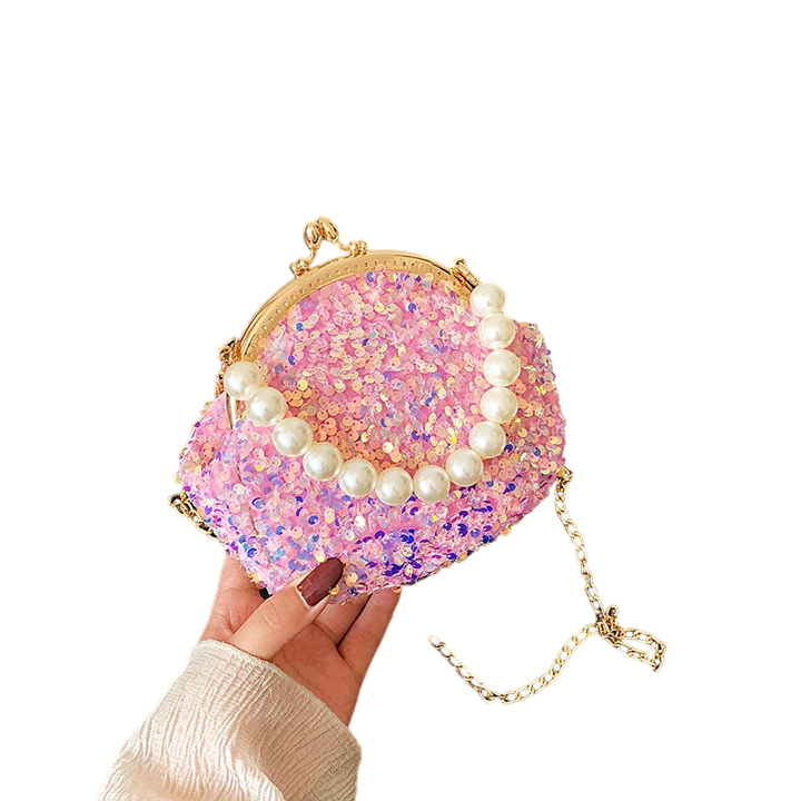 Petit Sac Paillettes Perles Fermoir Porte Monnaie Rose