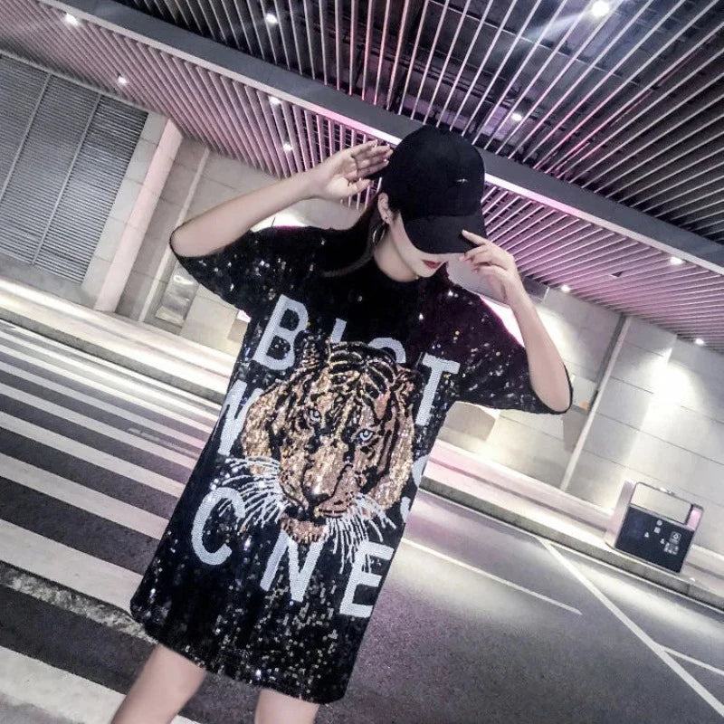 T-Shirt Tête Tigre Paillette Femme noir