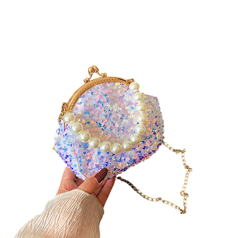 Petit Sac Paillettes Perles Fermoir Porte Monnaie Blanc