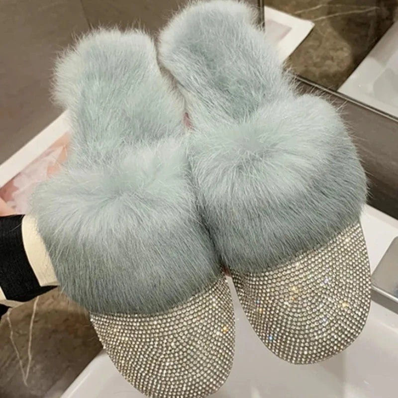 Pantoufle Strass Fourrure bleu clair