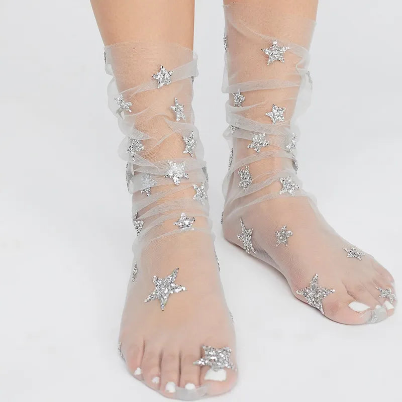 Chaussettes Transparentes Etoiles Pailletées Argenté