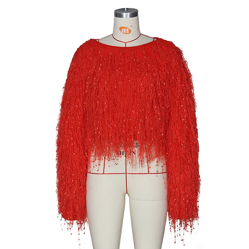 Top Pull Rouge Paillette Franges