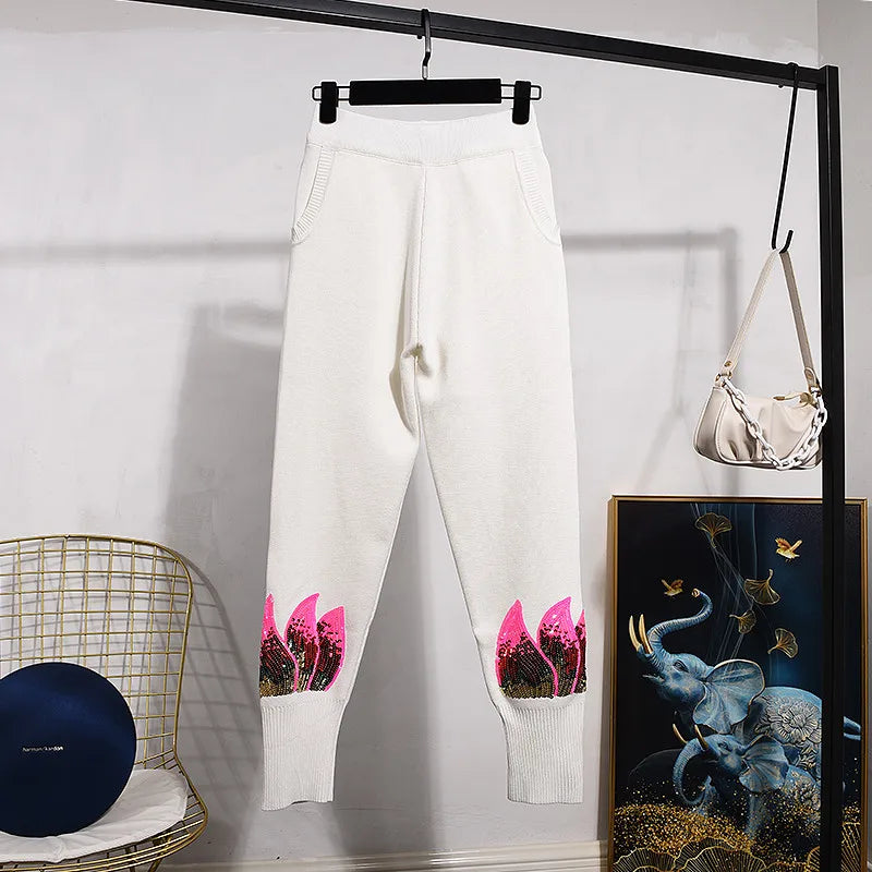 Ensemble Paillette Jogging Blanc Rose Pantalon