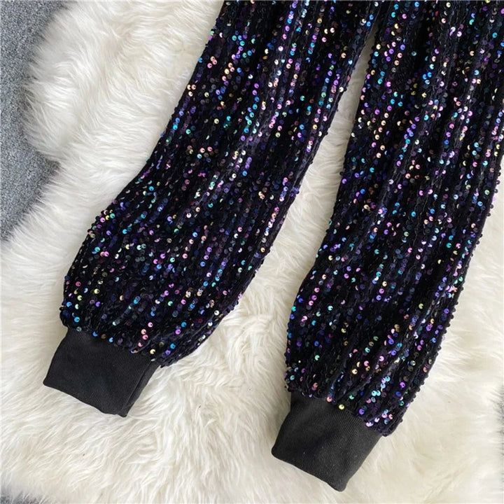 Pantalon Paillette Velours Noir Multi-couleur