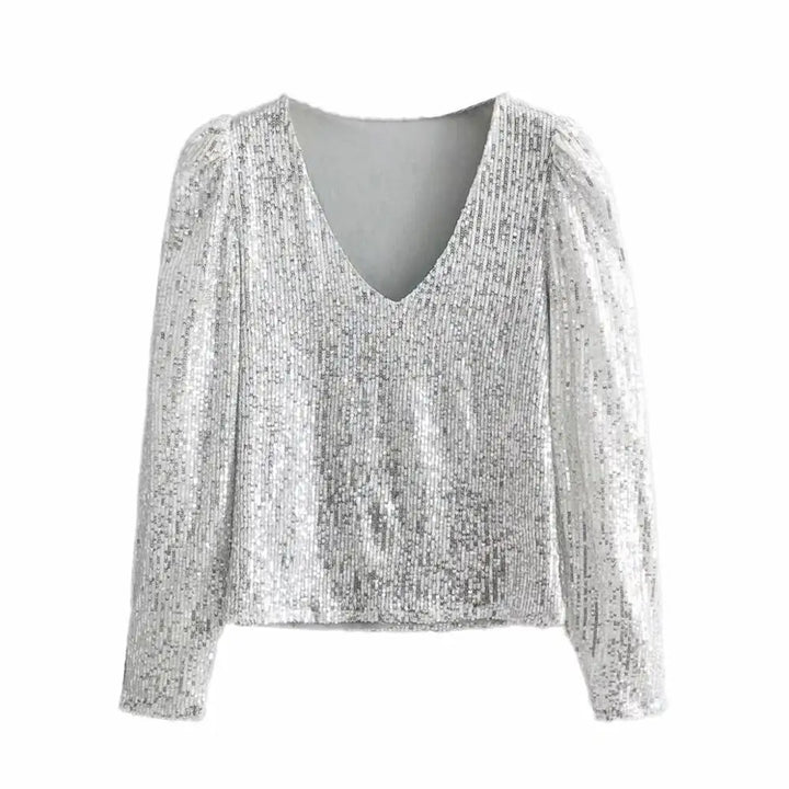 Top Paillettes Argenté Manches Longues