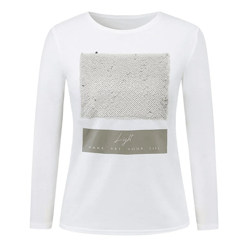 T-Shirt Blanc Carré Paillette Manches Longues