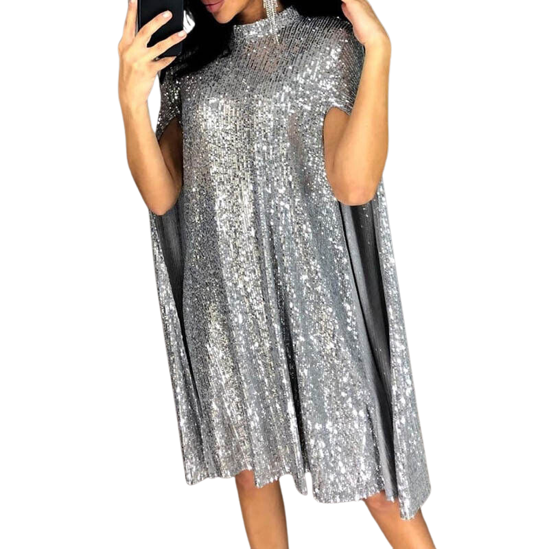 Robe Paillette Manches Ouvertes argent