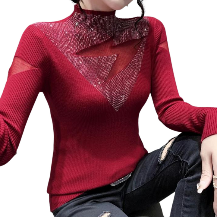 Pull Strass Col Roulé Eclair rouge