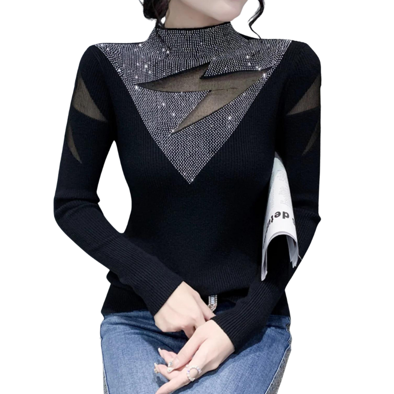 Pull Strass Col Roulé Eclair noir