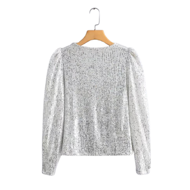 Top Paillettes Argenté Manches Longues