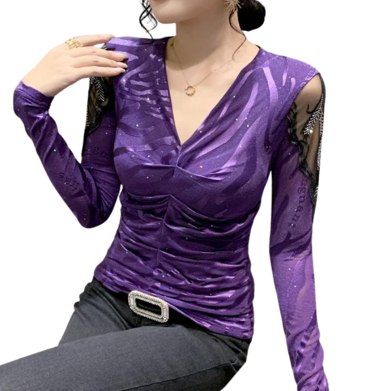 T Shirt Paillette Manches Longues Col V violet
