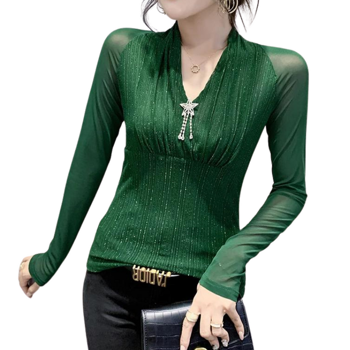 T Shirt Paillette Plissé Manches Longues Transparent vert