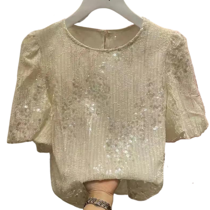 T Shirt Paillette Col Rond beige