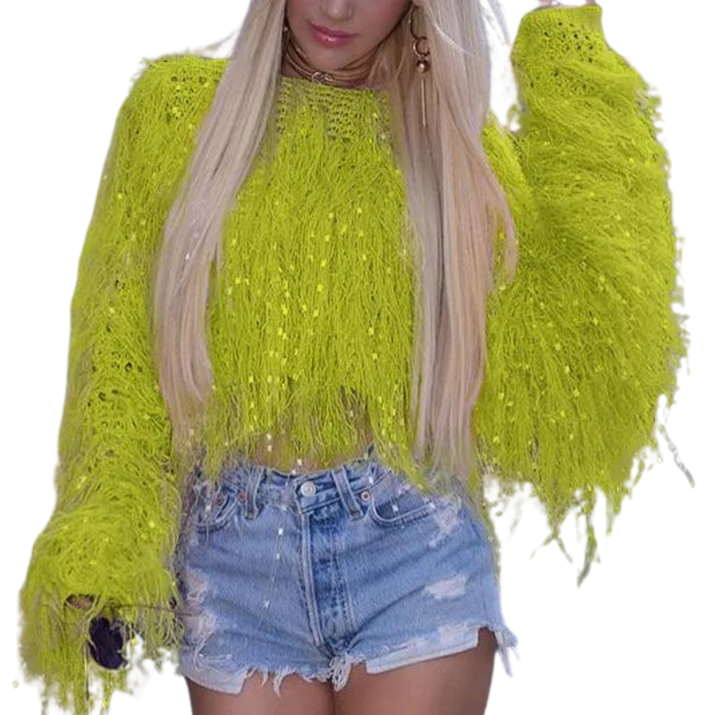 Top Pull Paillette Franges vert jaune