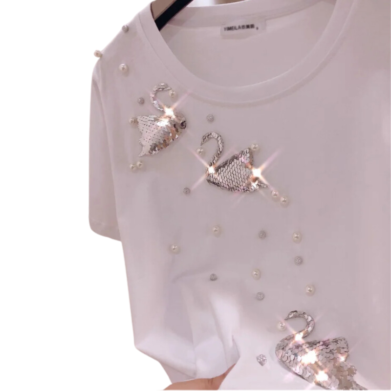 T-Shirt Paillette Cygnes Perle