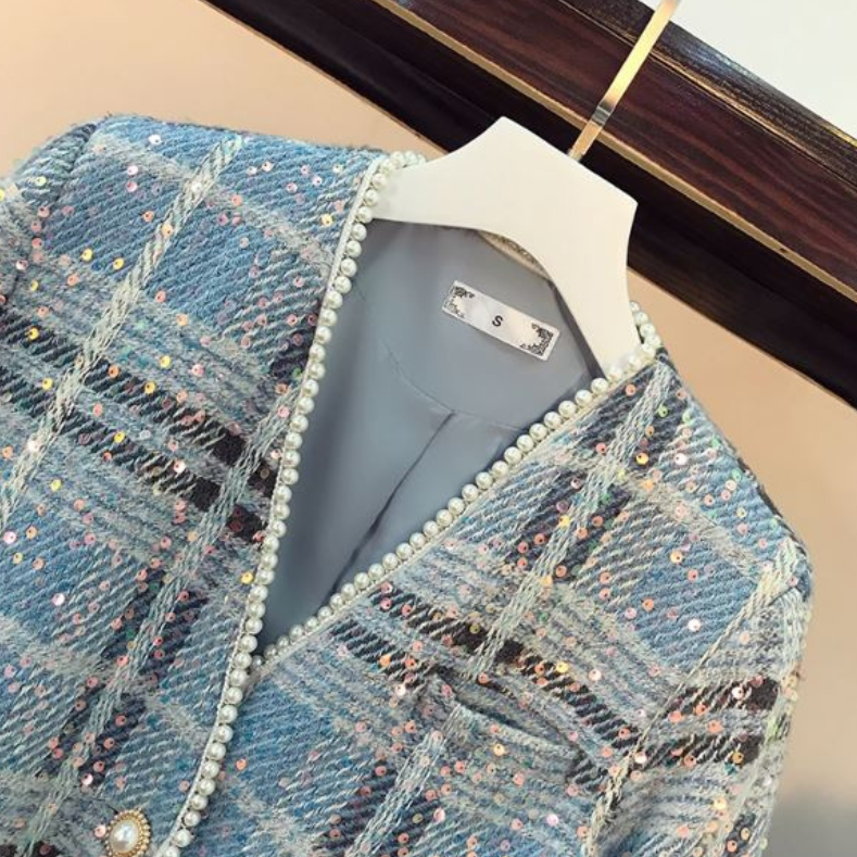 Ensemble Paillette Veste Robe Bleu Ciel Tissu à Carreaux