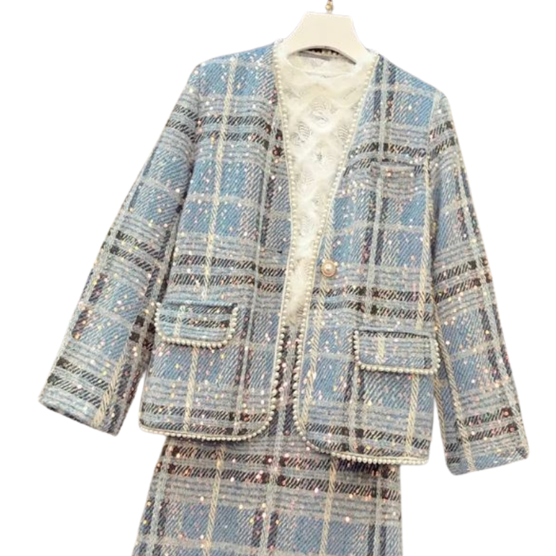 Ensemble Paillette Veste Robe Bleu Ciel Tissu à Carreaux