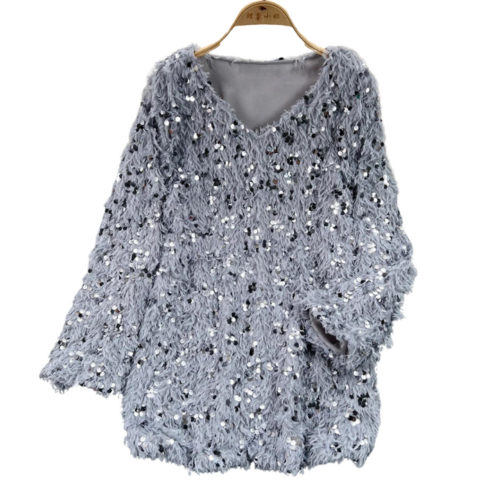 Pull Long Paillette Col V gris