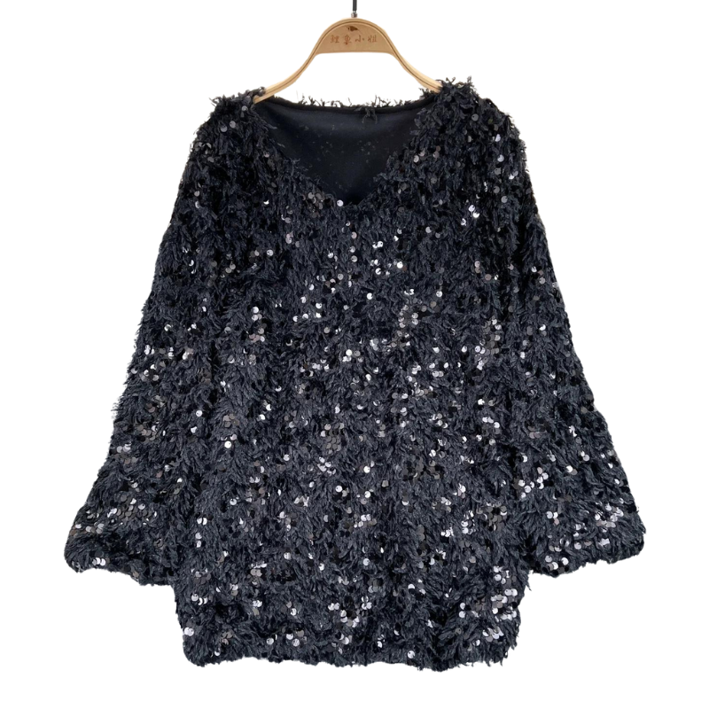 Pull Long Paillette Col V noir