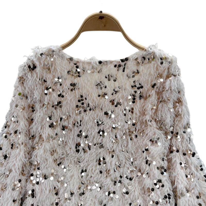 Pull Long Paillette Col V creme