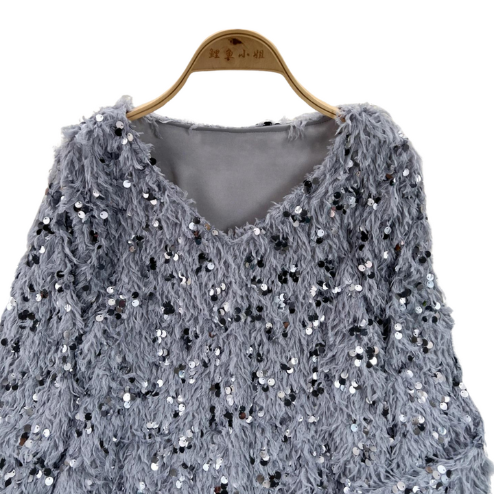 Pull Long Paillette Col V gris