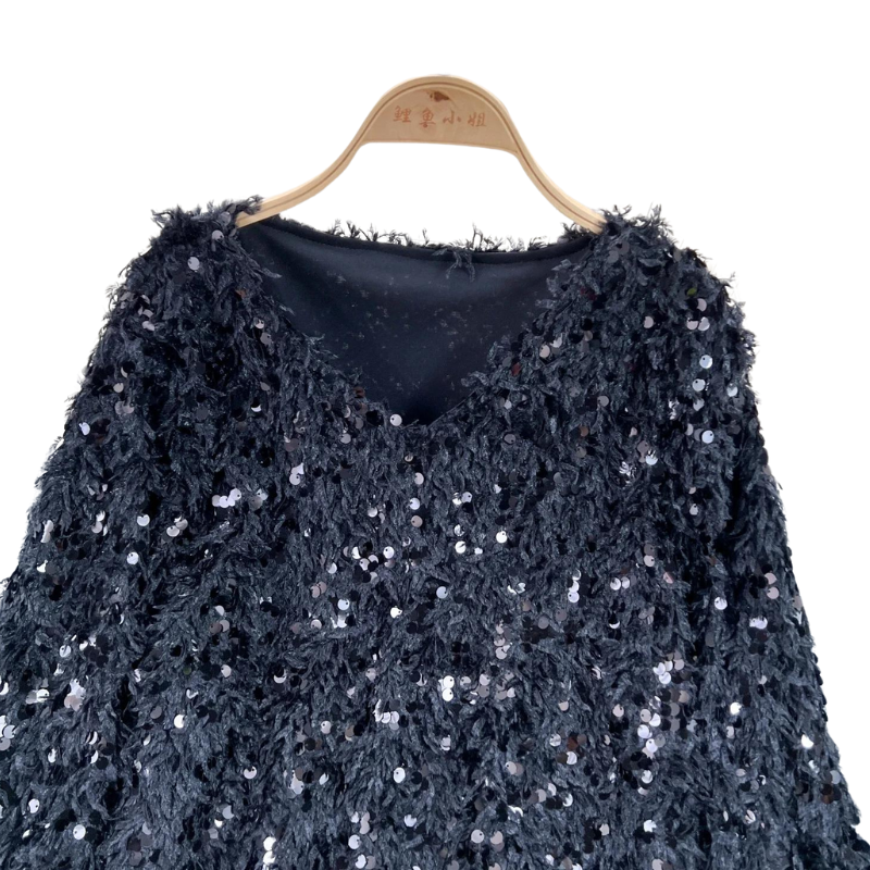 Pull Long Paillette Col V noir