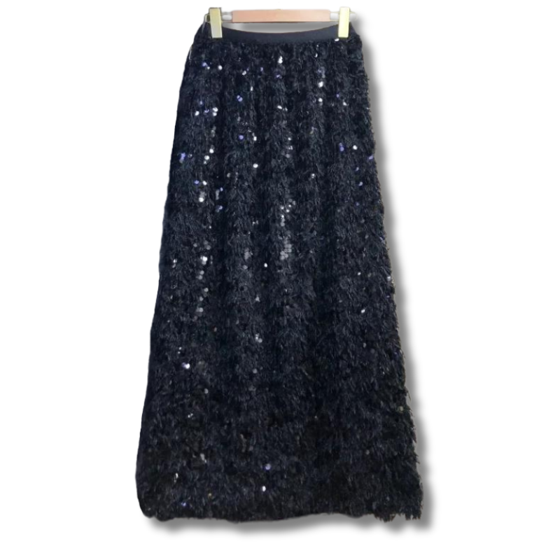 Jupe Longue Paillette Plume Laine noir