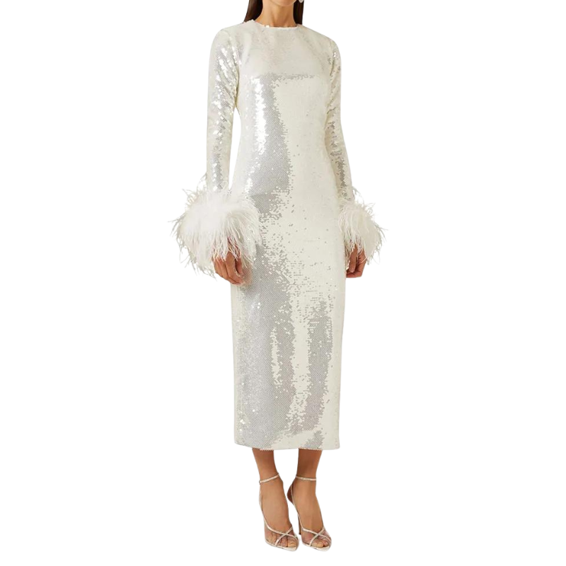 Robe Paillette Manches Plumes blanche
