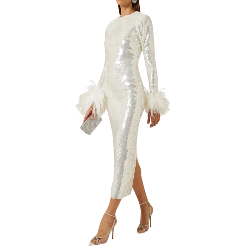 Robe Paillette blanche Manches Plumes