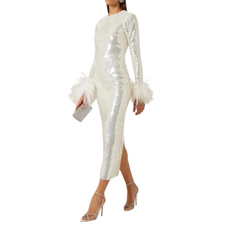 Robe Paillette blanche Manches Plumes