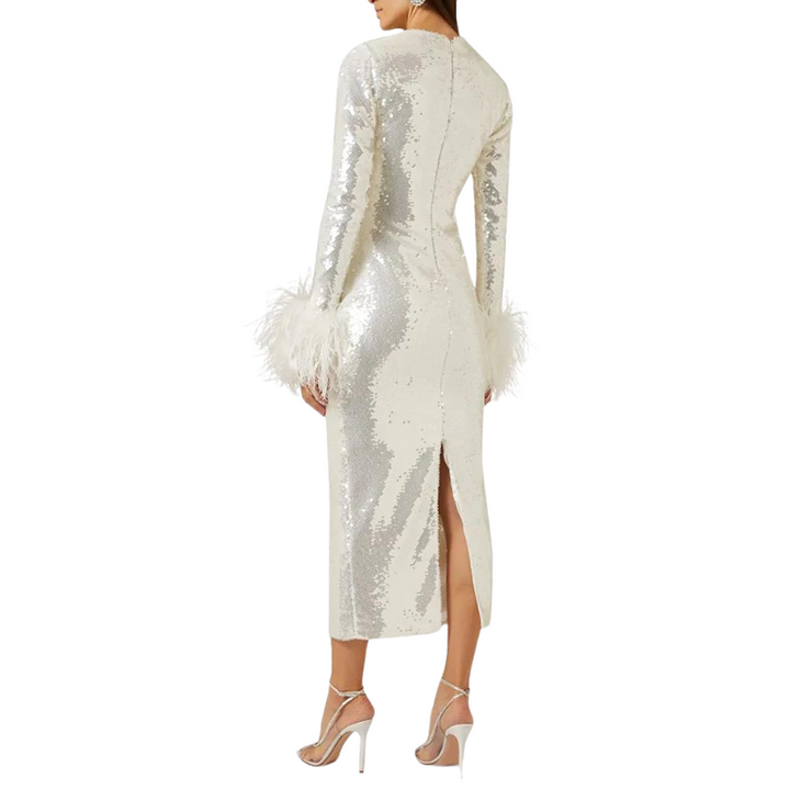Robe Paillette Manches Plumes blanche