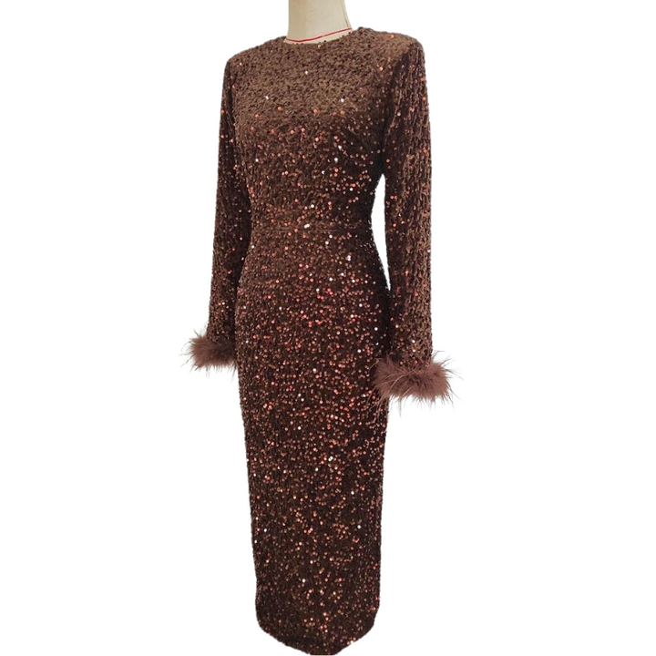 Robe Paillette marron Manches Plumes 